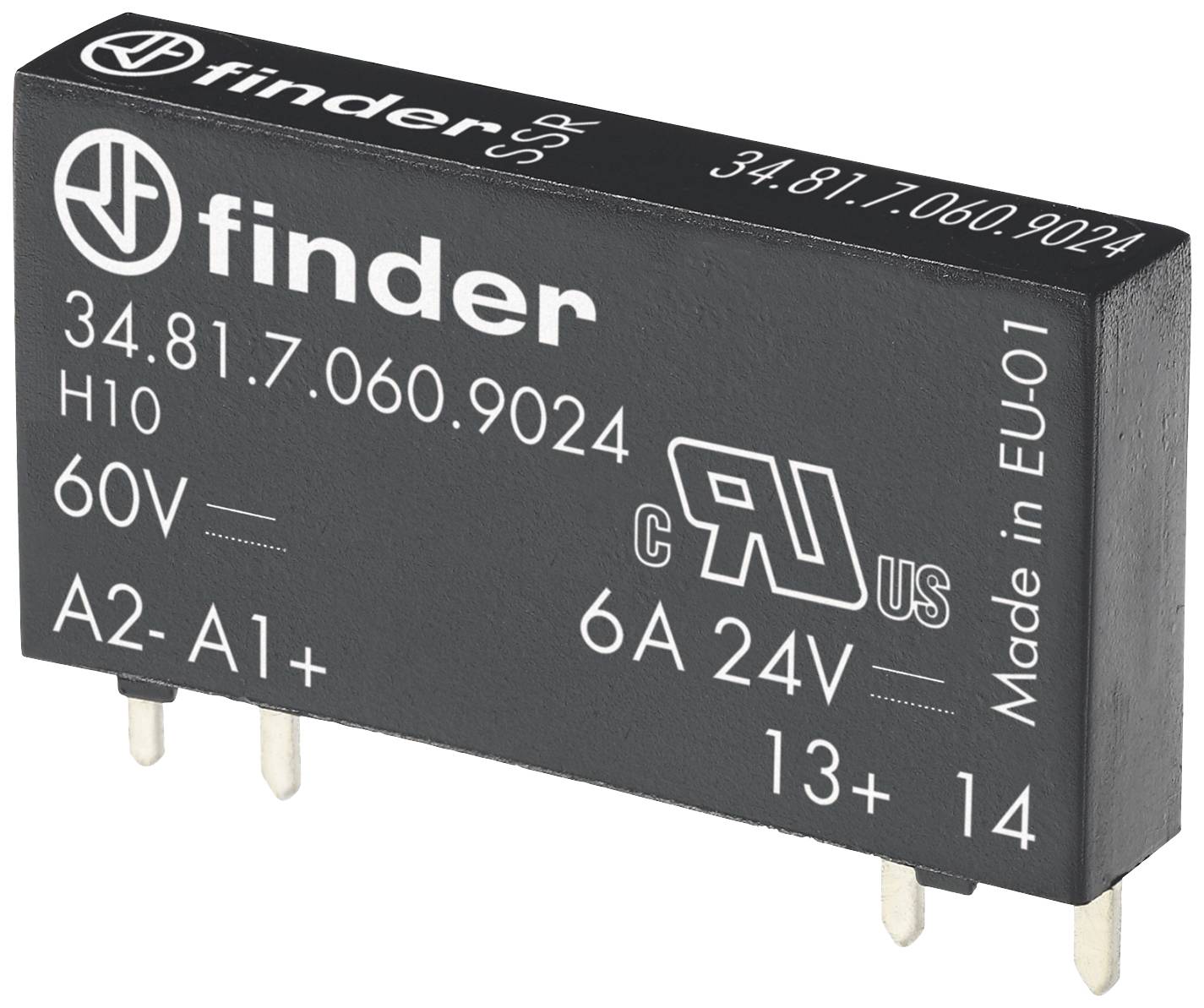 Elektronikus alkatrész, fekete Finder relé, modellszámmal, 60V feszültséggel, 6A áramerősséggel, 24V-os feszültségértékkel, európai gyártású.