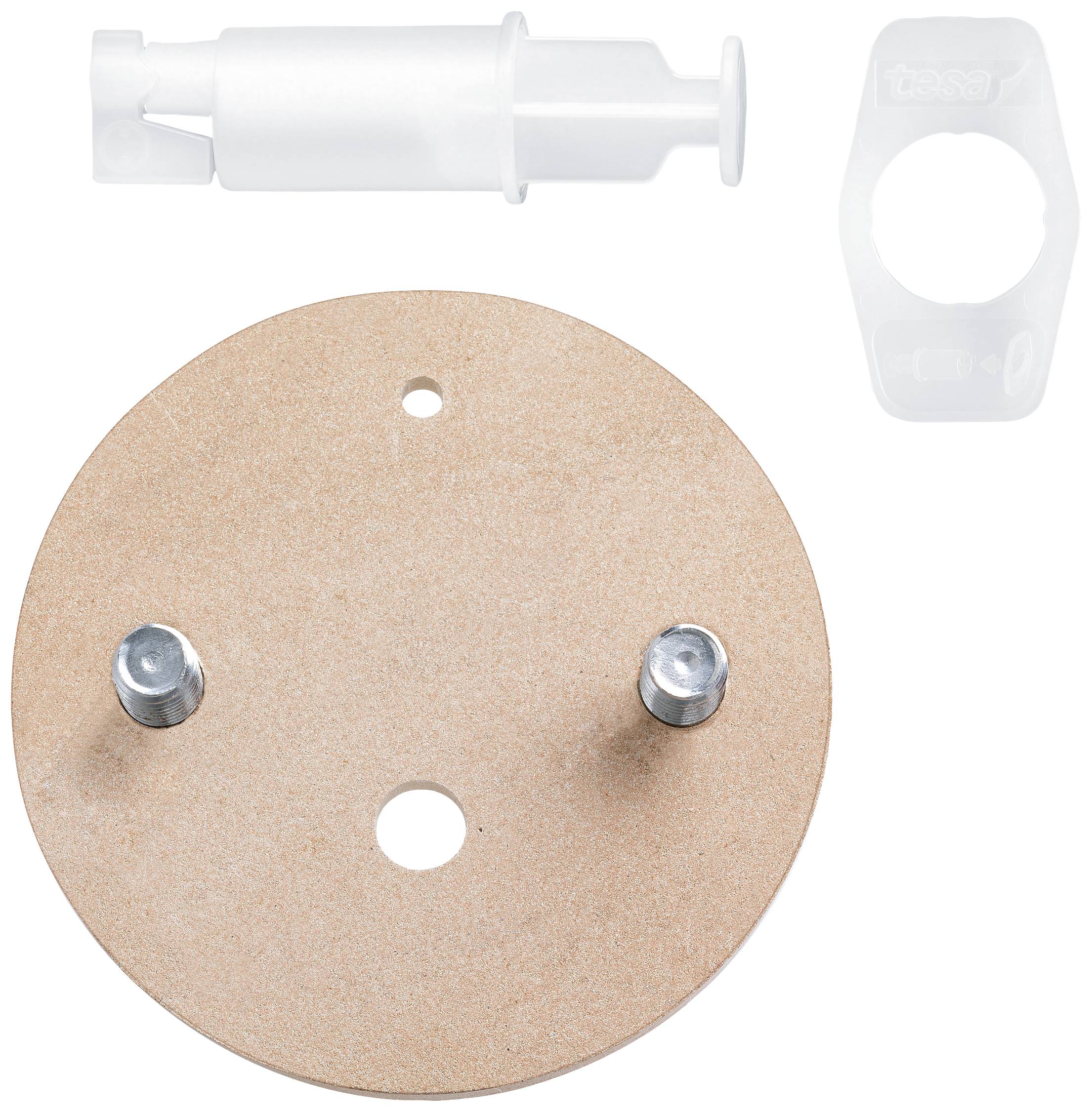 Kerek fa korong két csavarcsappal, műanyag alátéttel és műanyag tiplivel, valószínűleg egy bútor- vagy rögzítőkészlet elemei.