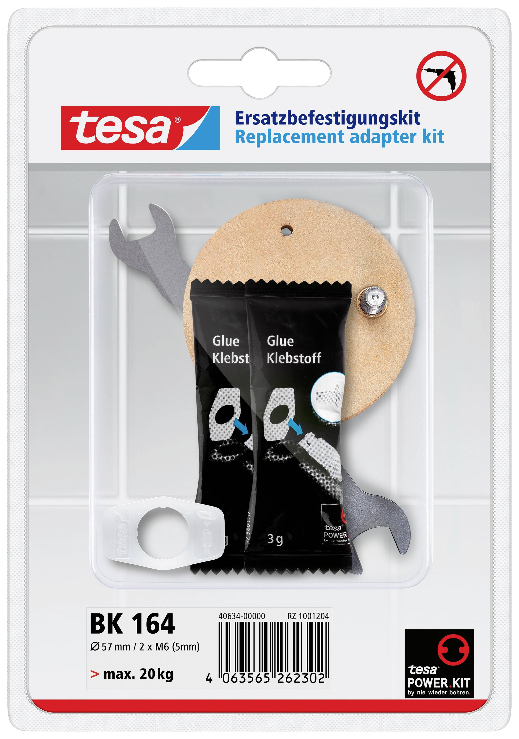 tesa pótszerelő készlet adapter-rögzítésű alkalmazásokhoz, max. 20 kg-ig. Tartalmaz ragasztót, adaptert és szerszámot.
