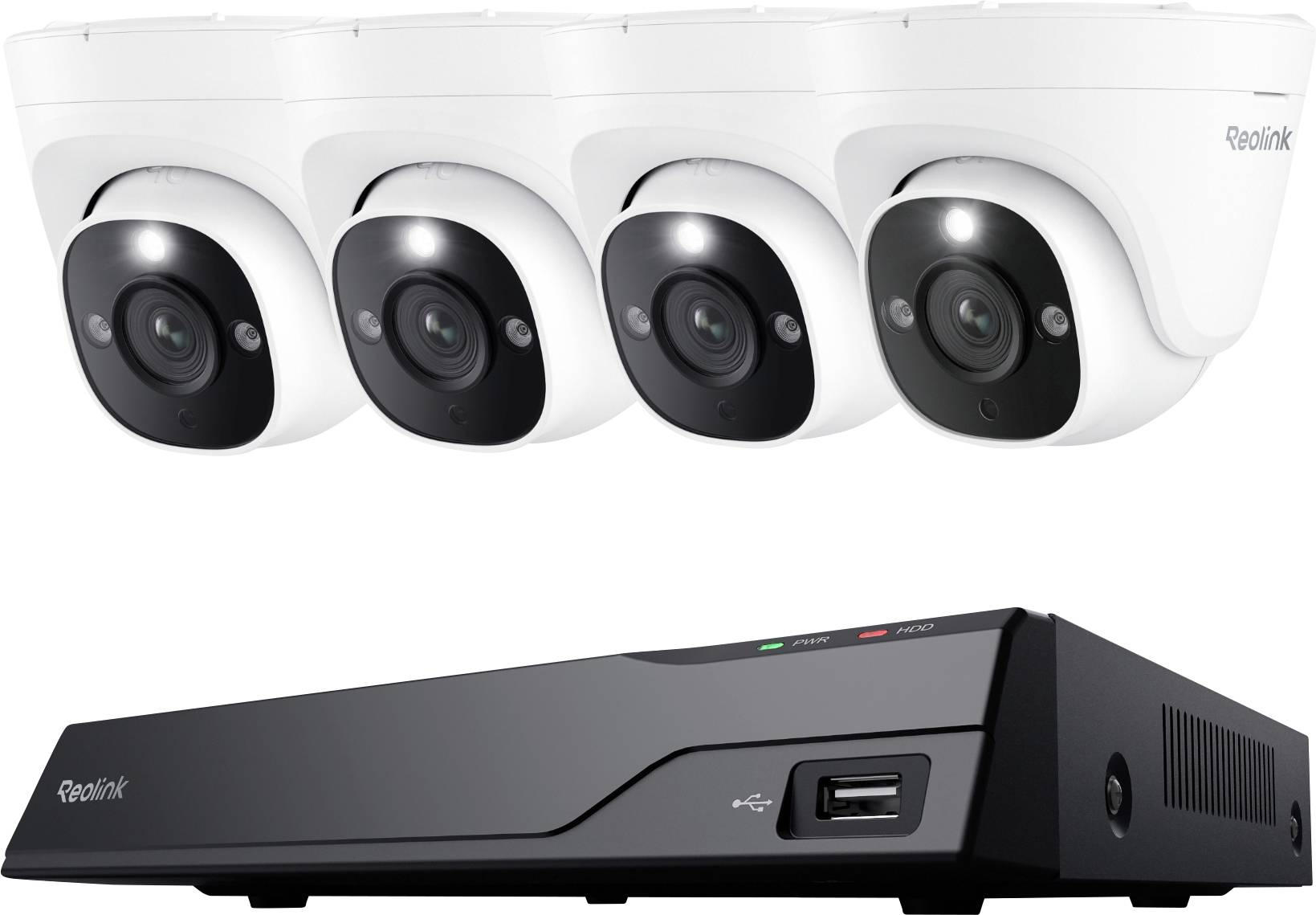 Négy fehér dóm kamerás megfigyelőrendszer fekete DVR egységgel.