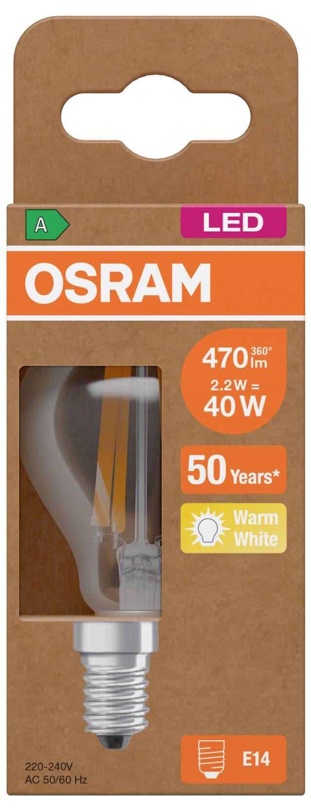 OSRAM LED izzó csomag E14 foglalathoz, 40W-nak megfelelő, 470 lm, 2,2W, meleg fehér, 50 év élettartam, A energiacímke.