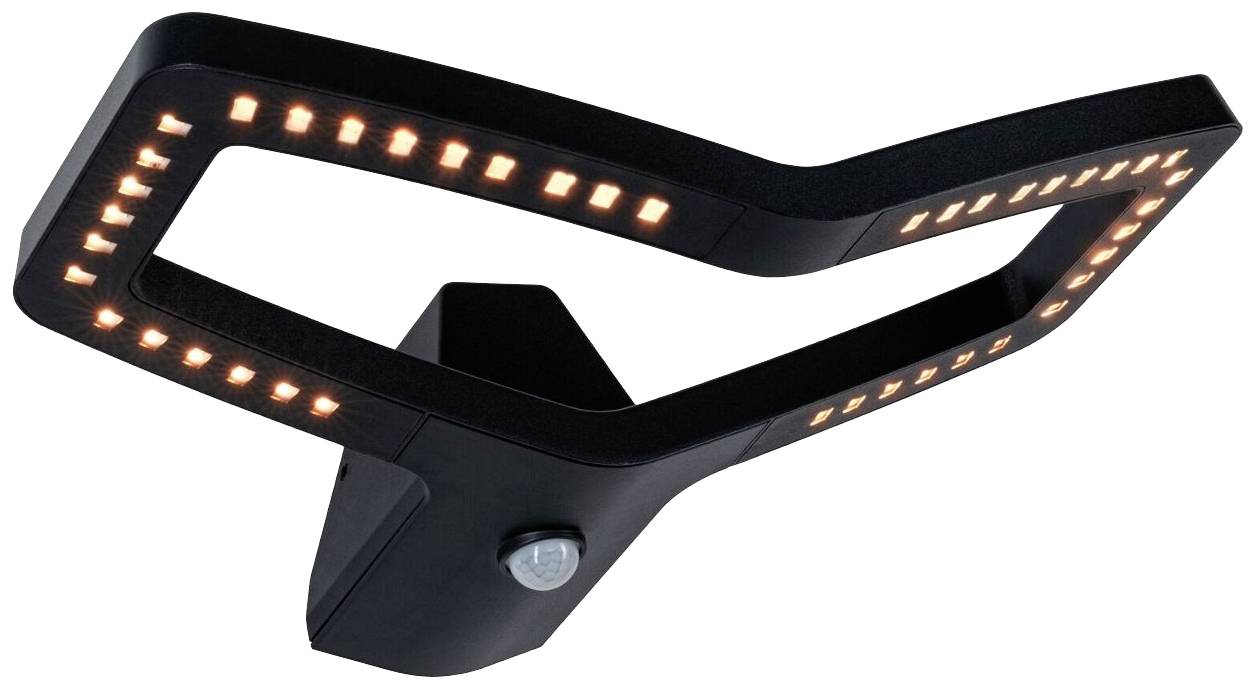Egy modern, fekete LED-mennyezeti lámpa futurisztikus dizájnnal és beépített mozgásérzékelővel.