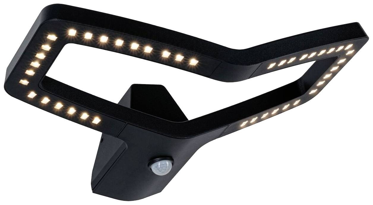 Egy fekete, modern LED-fali lámpa mozgásérzékelővel, amely geometrikus, kígyószerű formában világít.