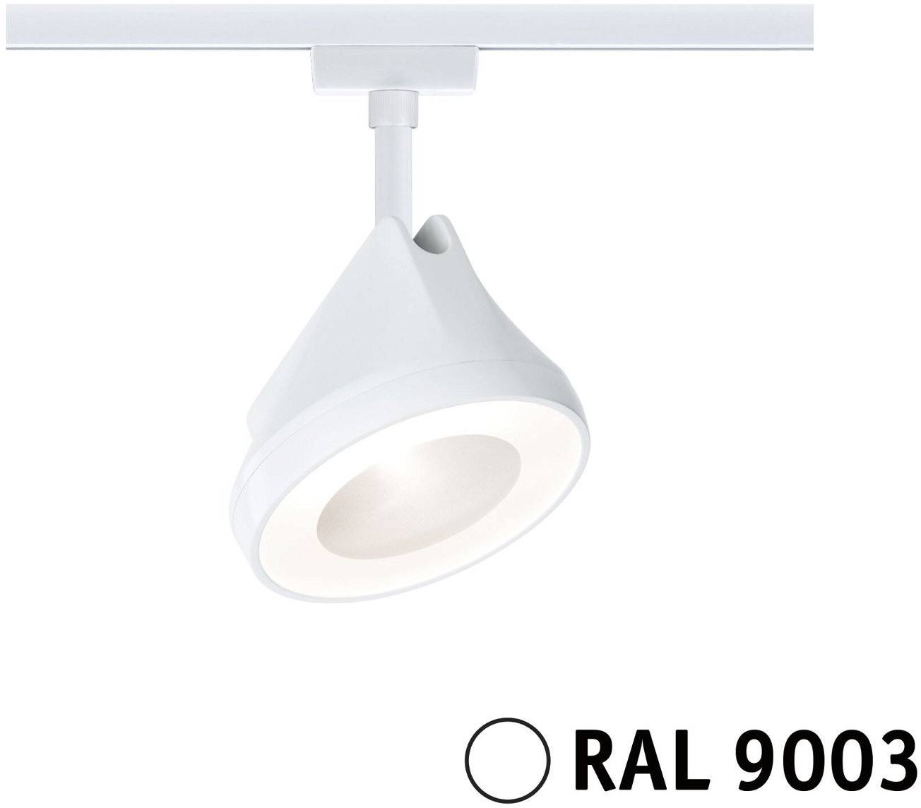 Egy fehér lámpaspotlámpa (RAL 9003) sínre szerelve, modern beltéri világításhoz alkalmazva.