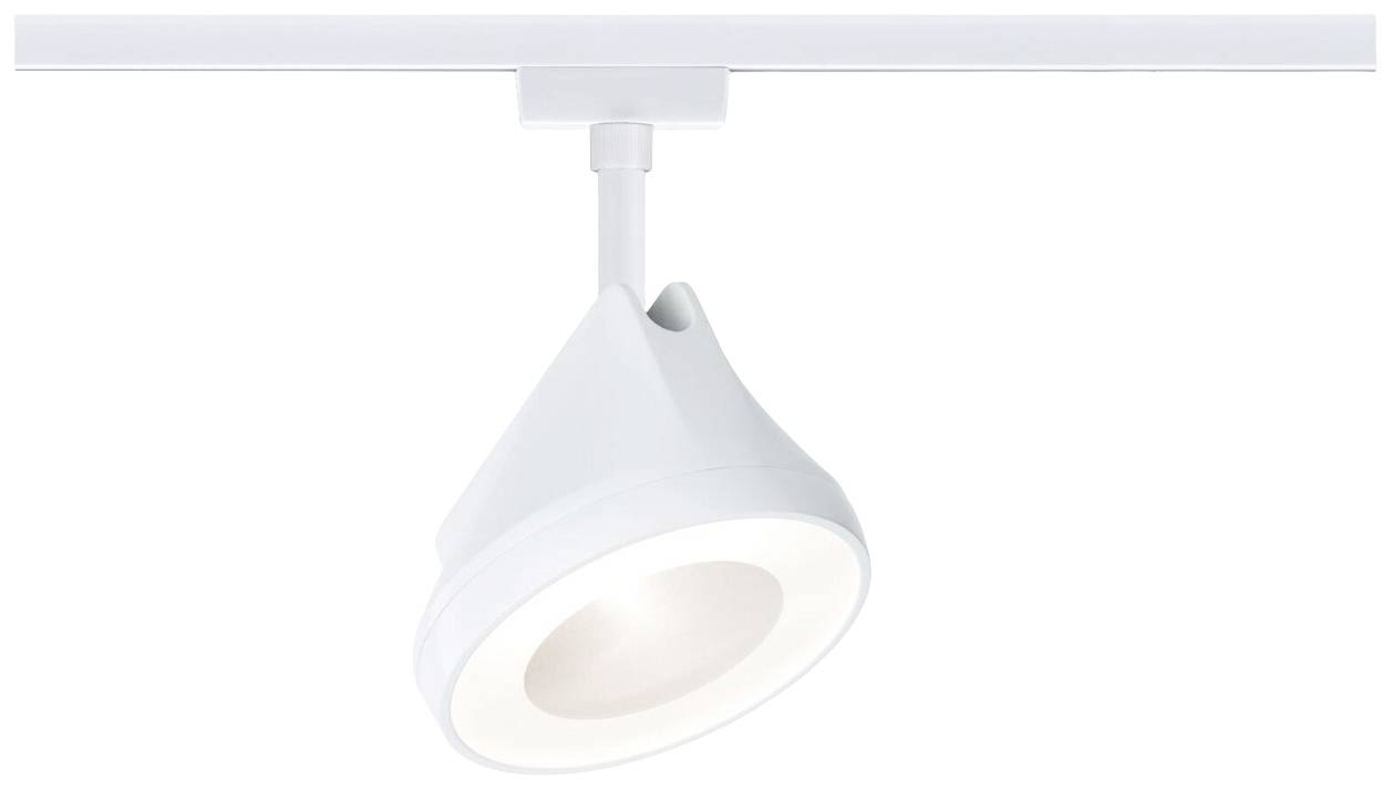 Egy fehér sínlámpa, egy modern, minimalista kialakítású térben felszerelve, célzottan világít meg egy adott területet.