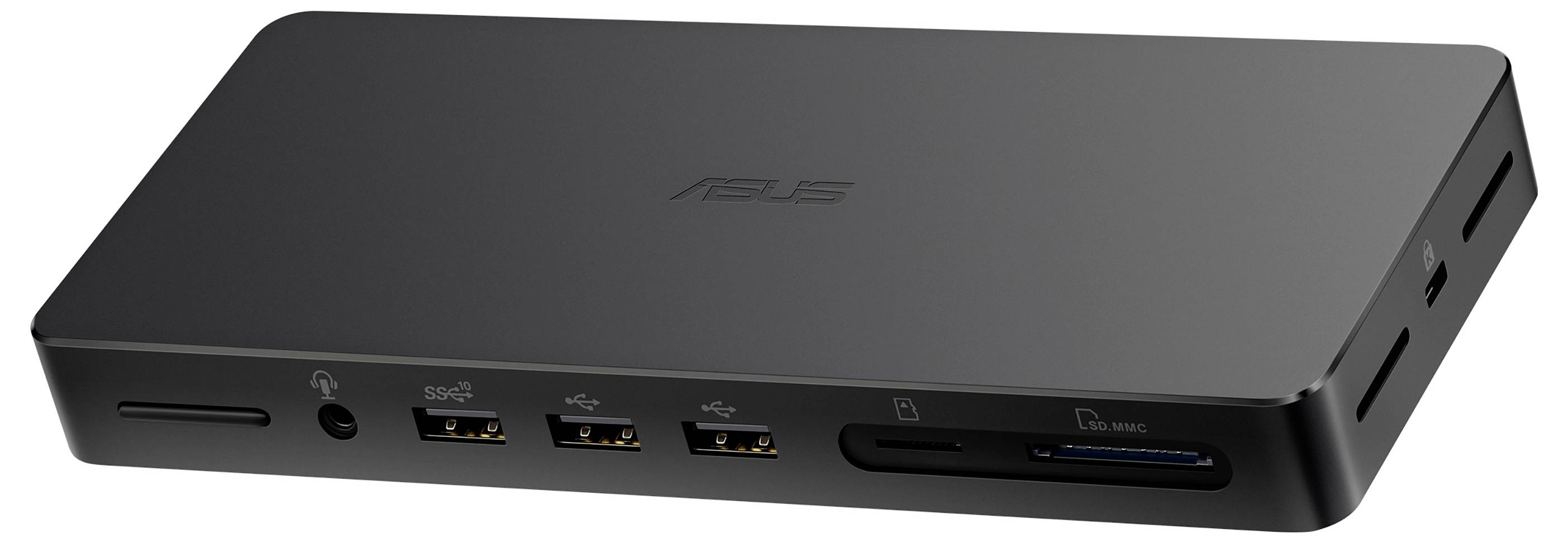 Egy fekete Asus dokkoló eszköz több USB-porttal és kártyaolvasóval, amely laptop bővítésére alkalmas.