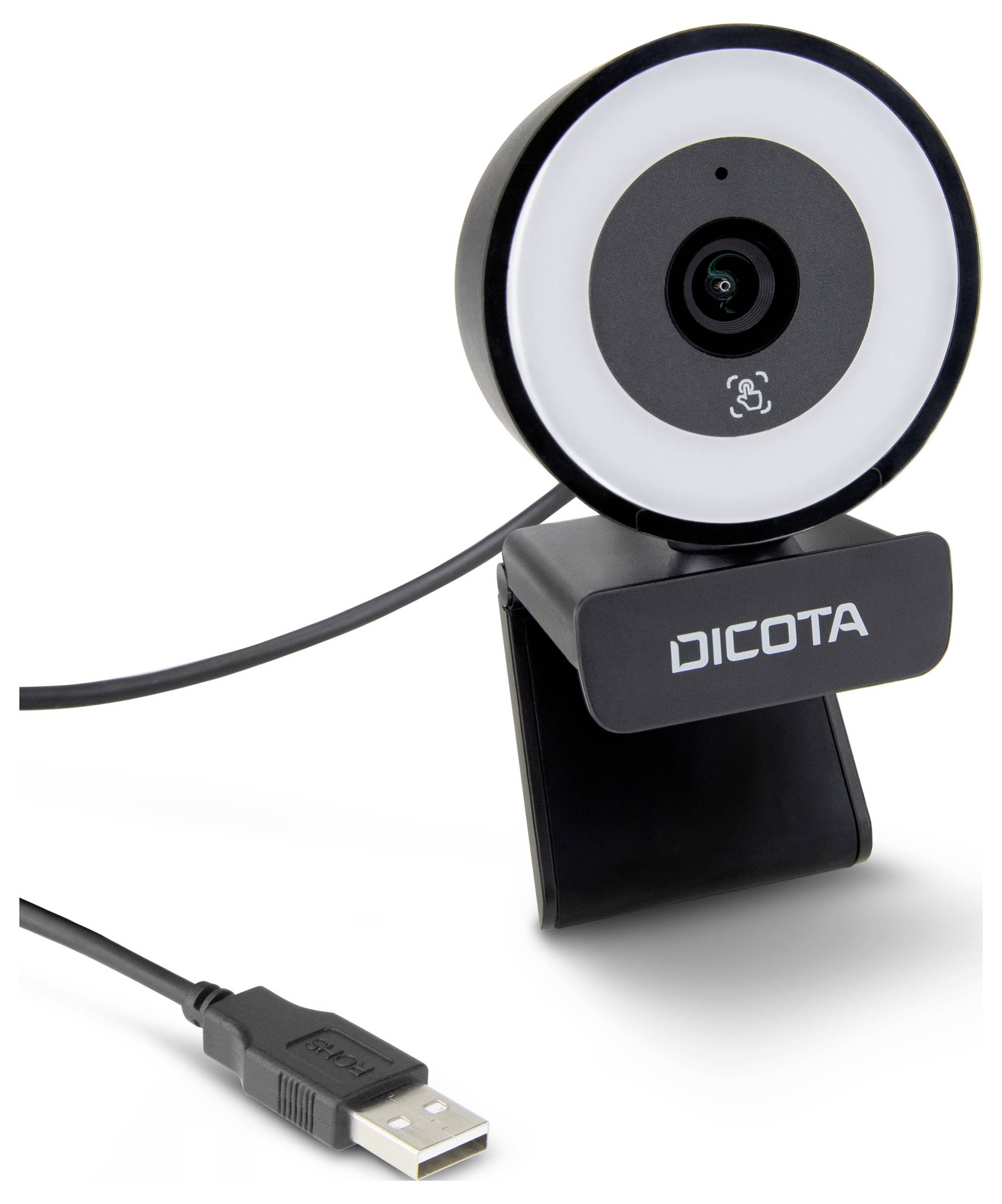 Kerek dizájnú webkamera beépített mikrofonnal és USB-csatlakozóval. Márkanév a tartón. Tökéletes videohívásokhoz.