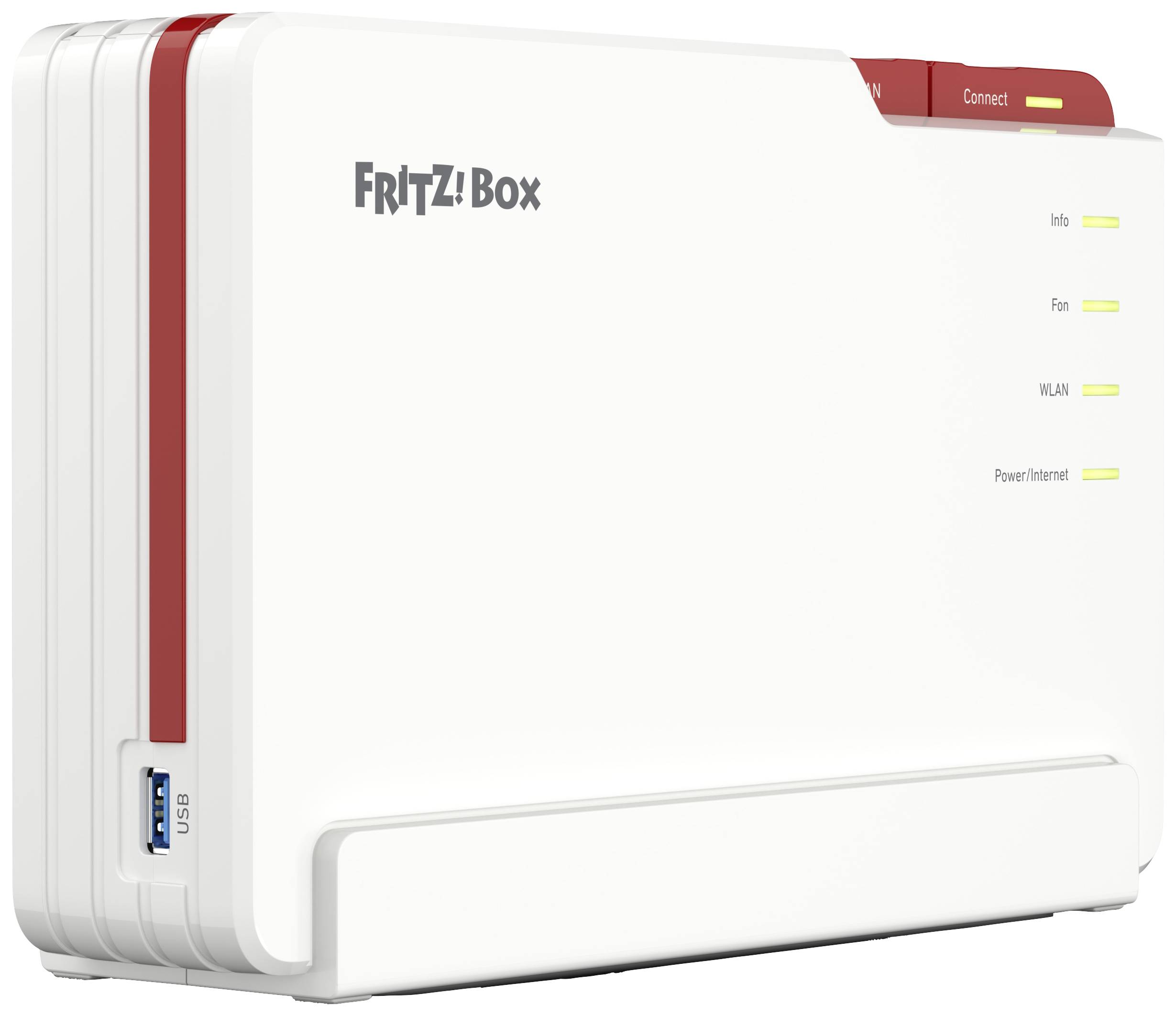 Egy fehér router "Fritz!Box" felirattal. Négy kis lámpa jobbra jelzi az állapotot: Info, Telefon, WLAN és Tápellátás/Internet.