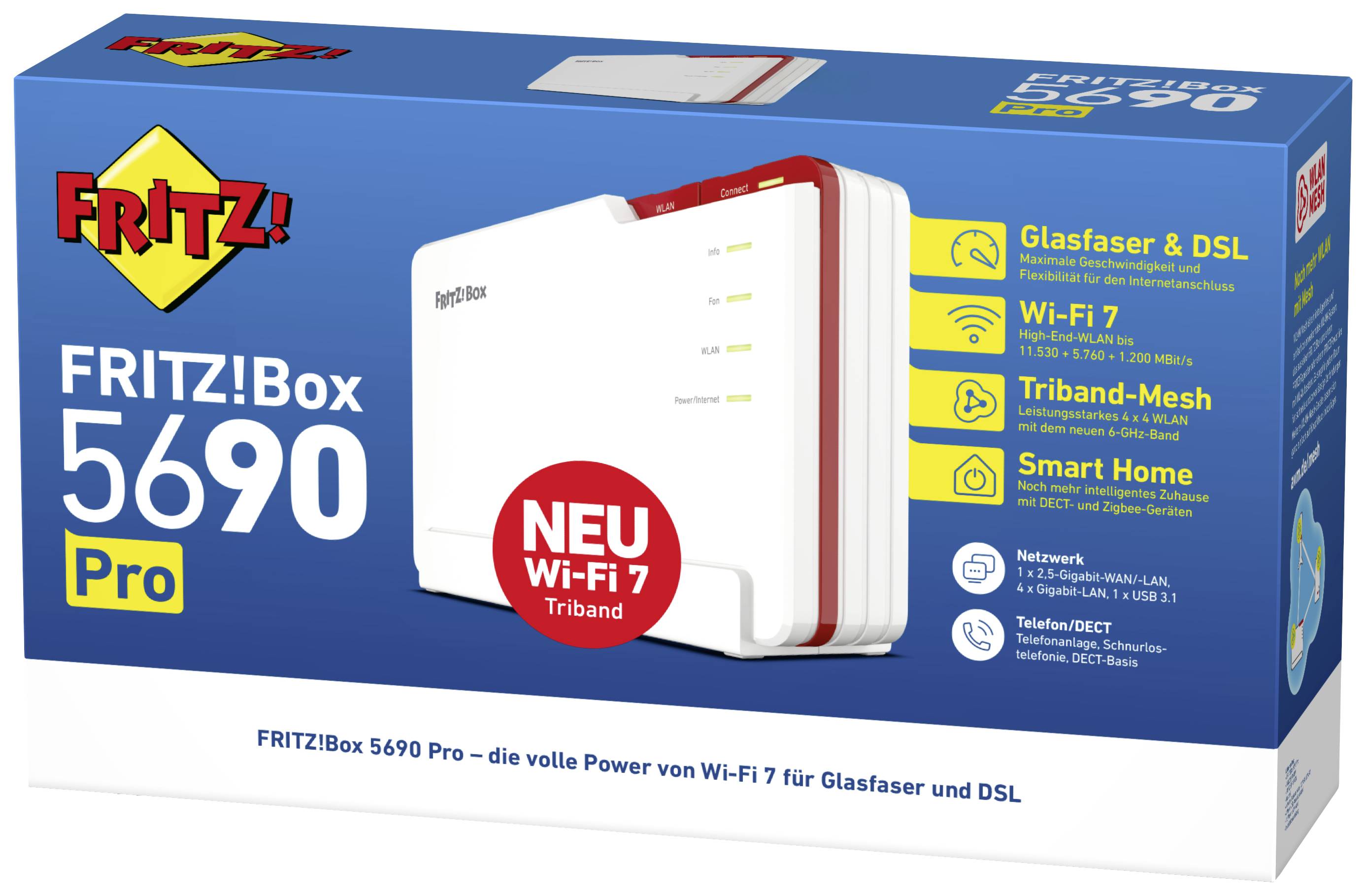 Fehér FRITZ!Box 5690 Pro Router csomag; kínál optikai hálózatot, Wi-Fi 7-et, háromsávos mesh hálózatot és okosotthon támogatást.