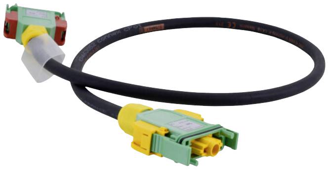 Egy fekete adatkábel zöld-sárga csatlakozóval mindkét végén, amely alkalmas technikai alkalmazásokhoz vagy csatlakoztatható eszközökhöz.