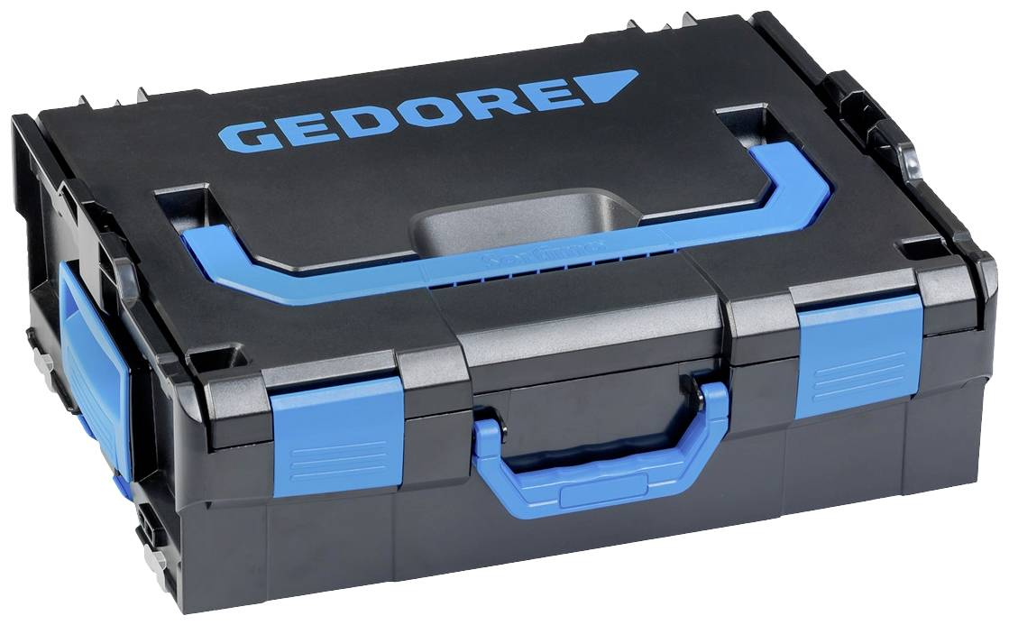 Fekete szerszámkoffer kék elemekkel és a 'GEDORE' felirattal. Robusztus kialakítás szerszámok szállítására.