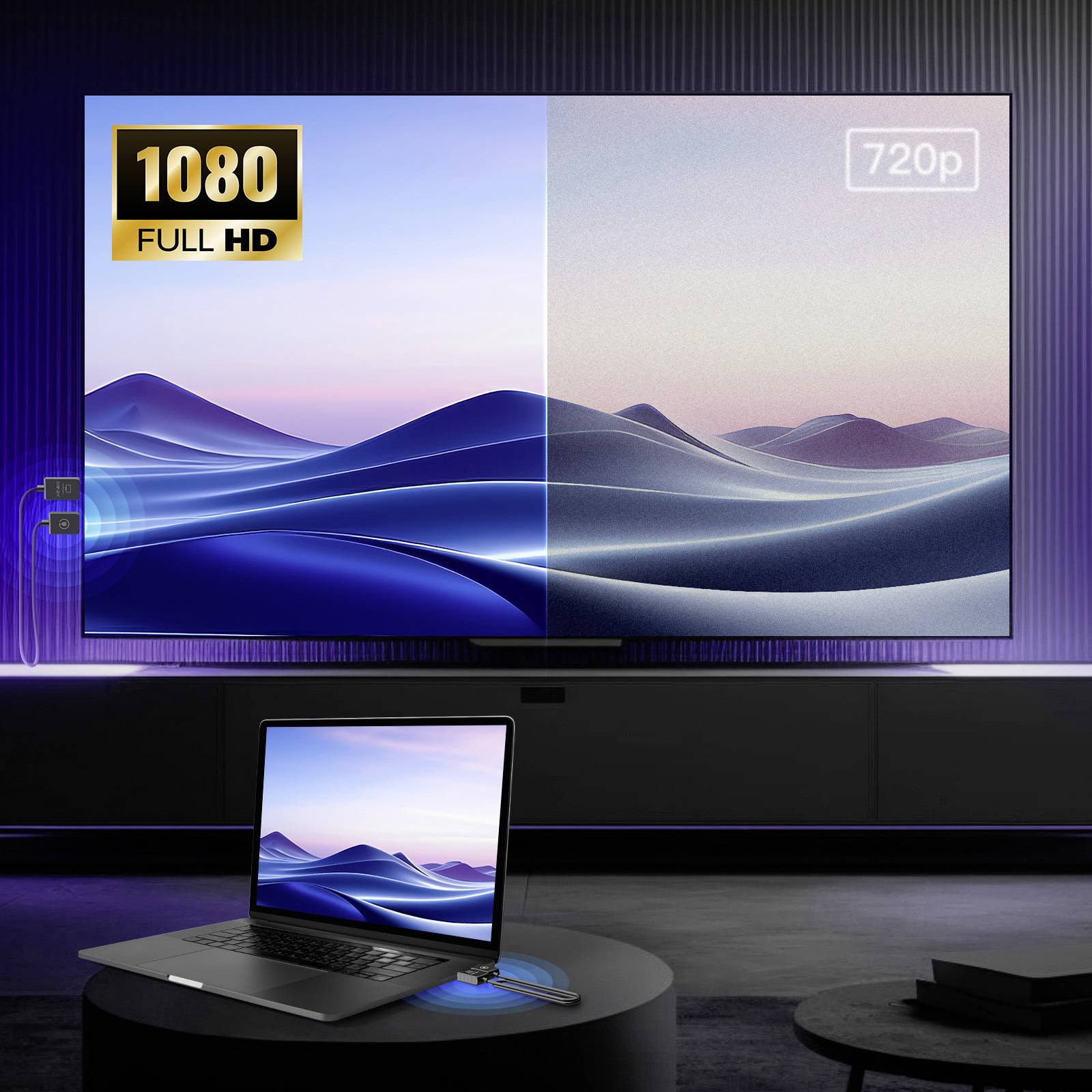 Egy televízió és egy laptop képe egymás mellett megjelenő tájképekkel, amelyek az HD-minőséget (1080p) és a 720p-s felbontást hasonlítják össze.