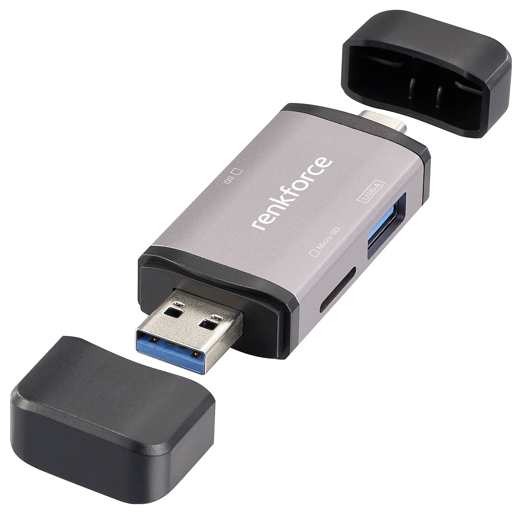 Renkforce RF-CR-480 Externe geheugenkaartlezer USB-A, USB-C Aluminium-grijs