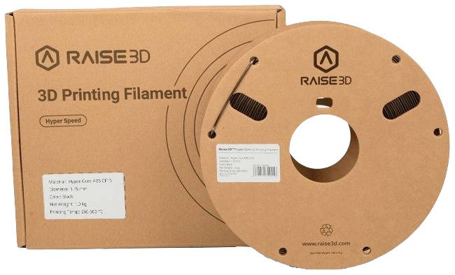 Egy Raise3D 3D-nyomtatószál csomagolása és tekercse a 'Hyper Speed' felirattal. Tartalmazza az anyag és nyomtatási paraméterek részleteit.
