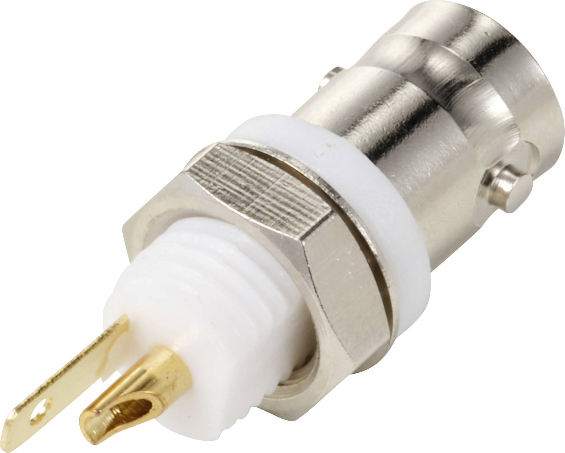 Egy fém BNC-csatlakozóaljzat műanyag szigeteléssel és aranyozott érintkezőkkel. Alkalmas elektromos csatlakoztatásra.