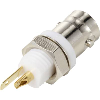Egy fém BNC-csatlakozóaljzat műanyag szigeteléssel és aranyozott érintkezőkkel. Alkalmas elektromos csatlakoztatásra.