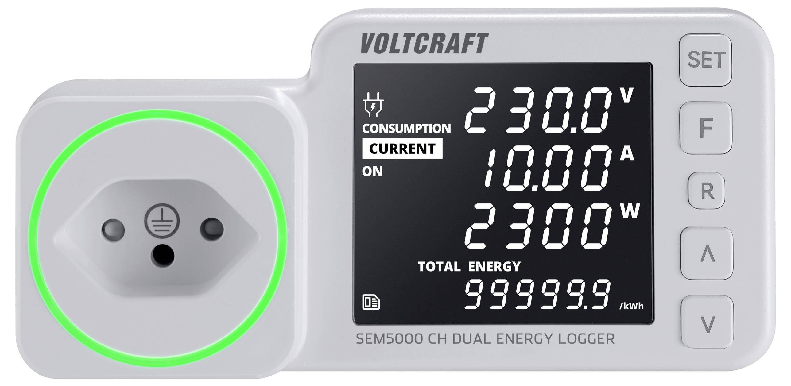 Voltcraft SEM5000 energia-mérőkészülék mutatja: V 230,00, A 10,00, W 2300, bal oldali csatlakozóval. Teljes energia: 999999,9 kWh.