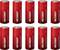 Tíz darab piros Voltcraft márkájú alkáli elem, két sorban elrendezve. Minden elem rendelkezik plusz és mínusz jelöléssel a polaritás meghatározásához.