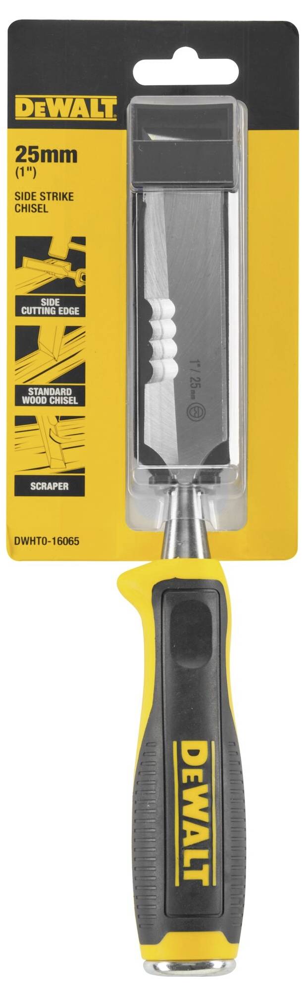 A DEWALT 25 mm-es favéső bi-materiális markolattal. A csomagolás egy csiszolt pengéjű véső ergonomikus markolatát mutatja.