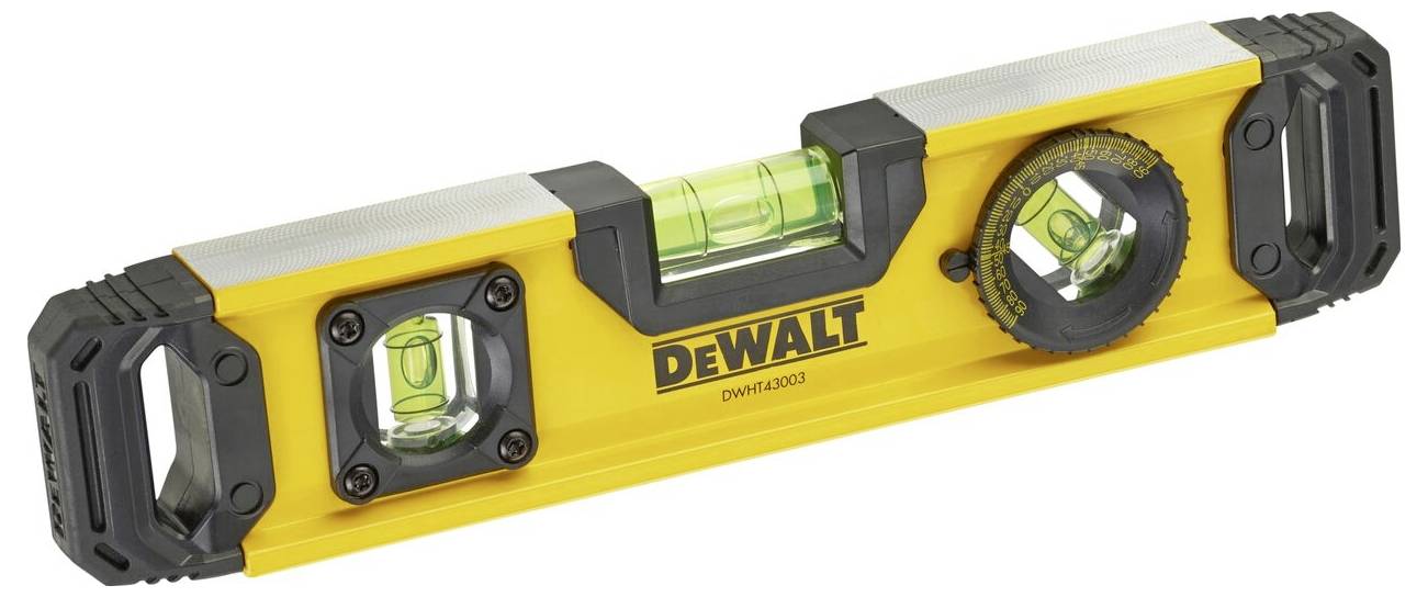 DEWALT vízmérték sárga színben, három libellával a pontos vízszintes és függőleges beállítás ellenőrzéséhez.
