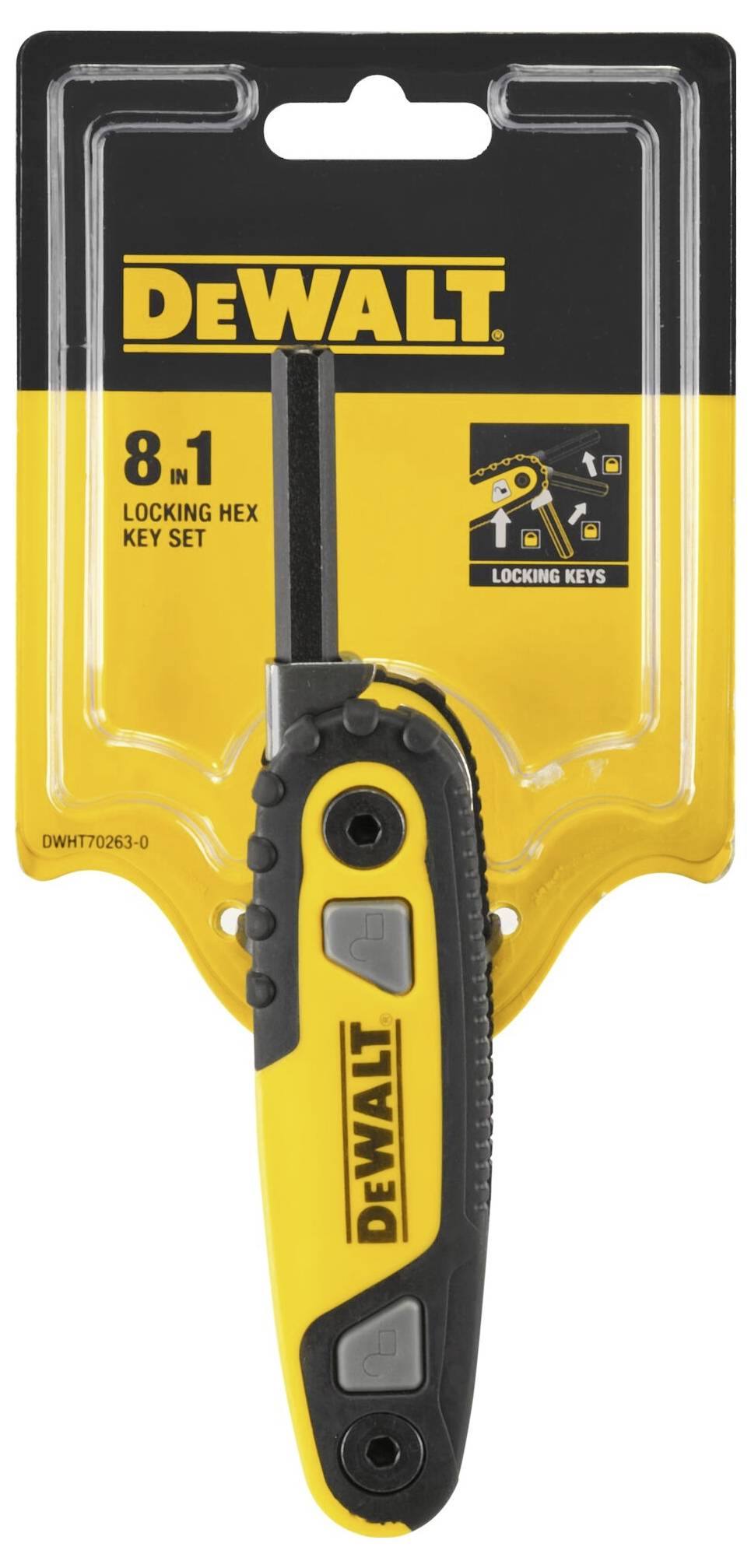 Egy DeWalt 8 darabos hatszögkulcs-készlet sárga csomagolásban, zárrendszerrel ellátva, markolattal és kulccsal ábrázolva.
