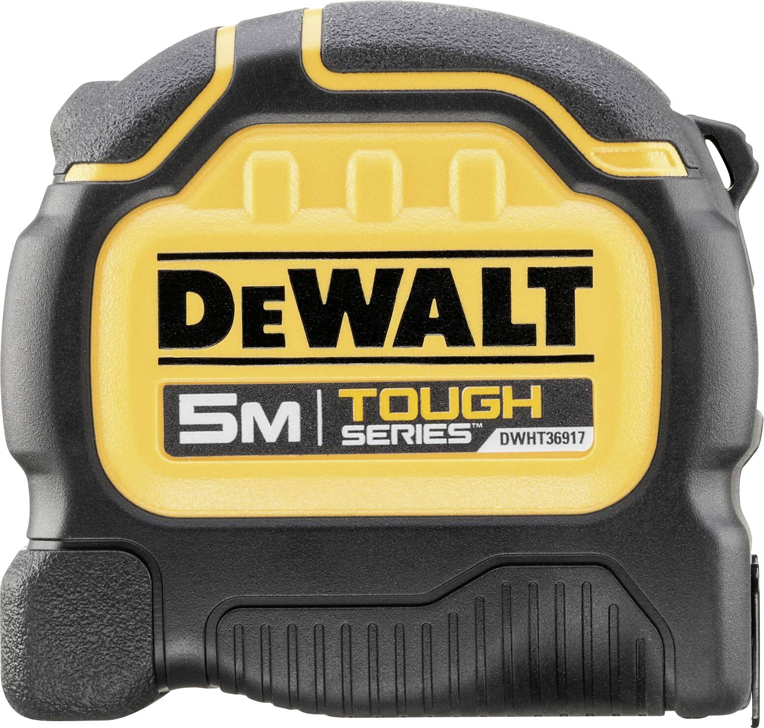 Egy sárga és fekete mérőszalag a 'DEWALT 5M TOUGH SERIES' felirattal.
