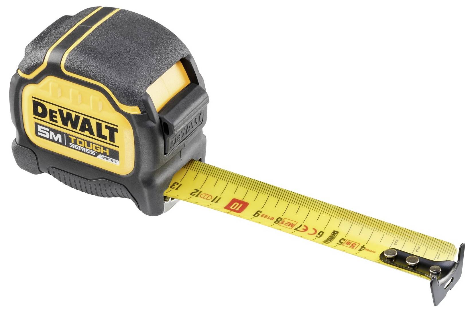 A DeWalt márka fekete-sárga mérőszalagja 5 méteres skálával, részben kihúzva.