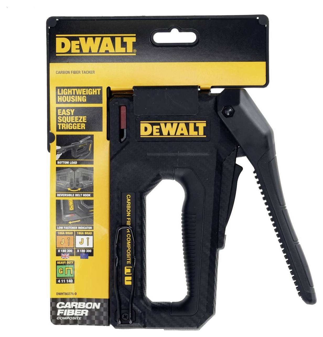 A DeWalt márka tűzőgépe könnyű szénszálas komponensekkel, ergonomikus markolattal és könnyen kezelhető nyomószerkezettel, precíziós munkavégzéshez. A csomagolás bemutatja a termék előnyeit.