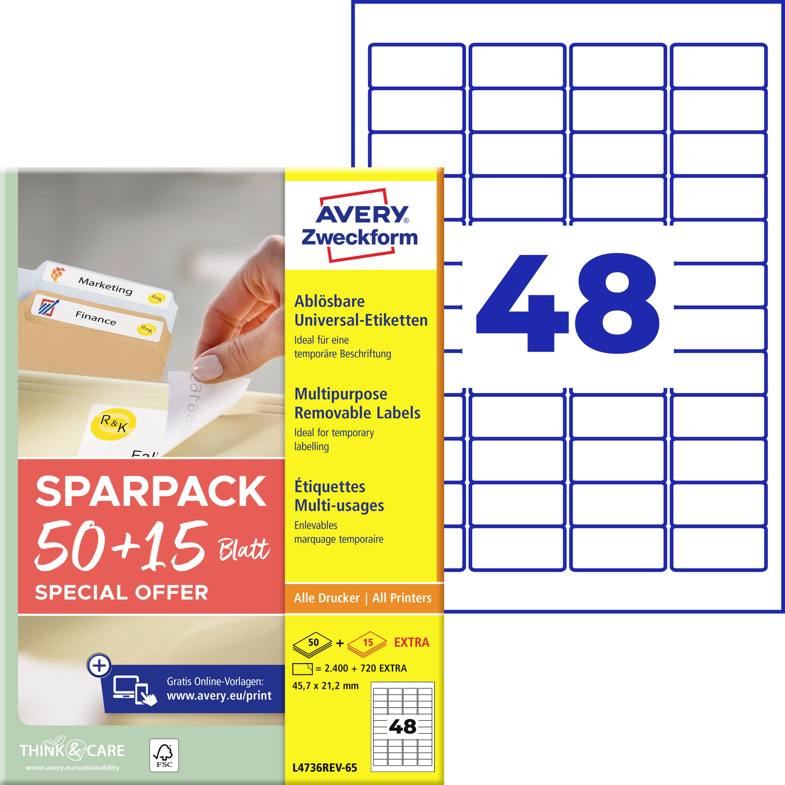 '50+15 lapos csomag', eltávolítható címkék, Avery Zweckform. Tinta, fekete-fehér lézer, színes lézer, fénymásoló. 48 címke ívenként.