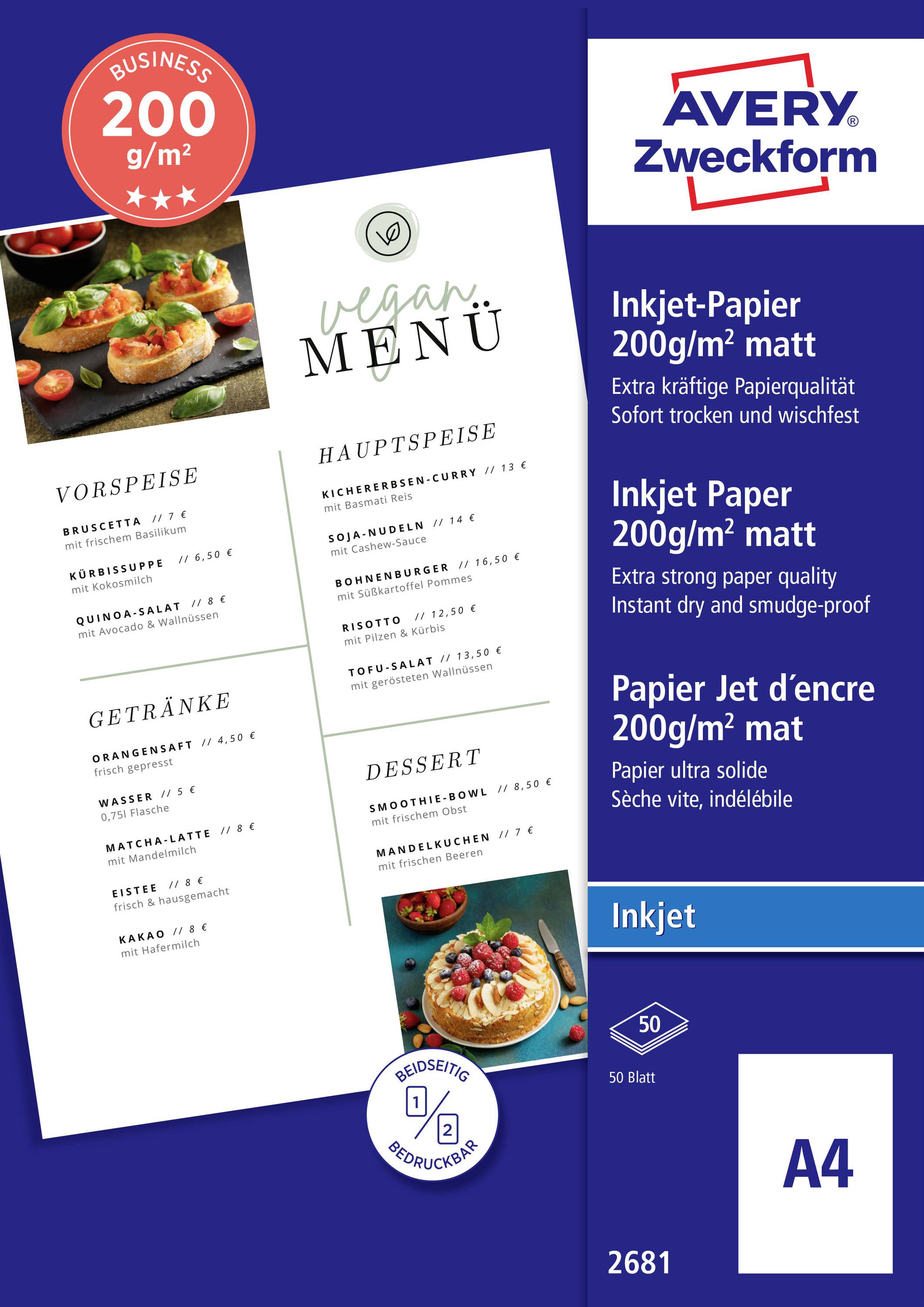 Vegán Menü kategóriákkal: Előétel, Főétel, Italok, Desszert. Illusztrált javaslatok hozzávalókkal képeslapon. Avery Zweckform 200 g/m² papír.