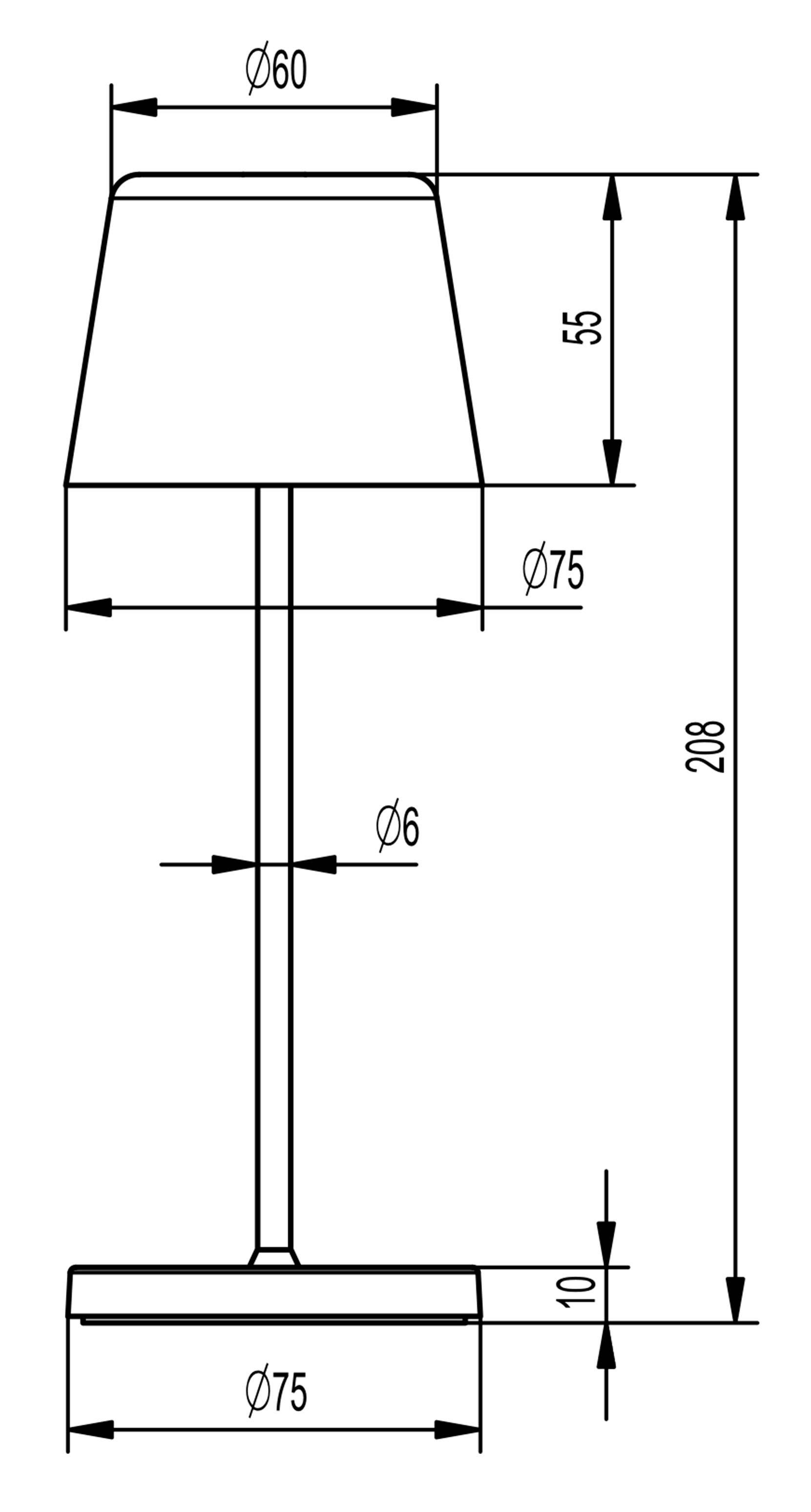 Műszaki rajz egy álló lámpáról méretekkel: Lámpaernyő átmérő 60 mm, magasság 55 mm, teljes magasság 208 mm, talp átmérő 75 mm.