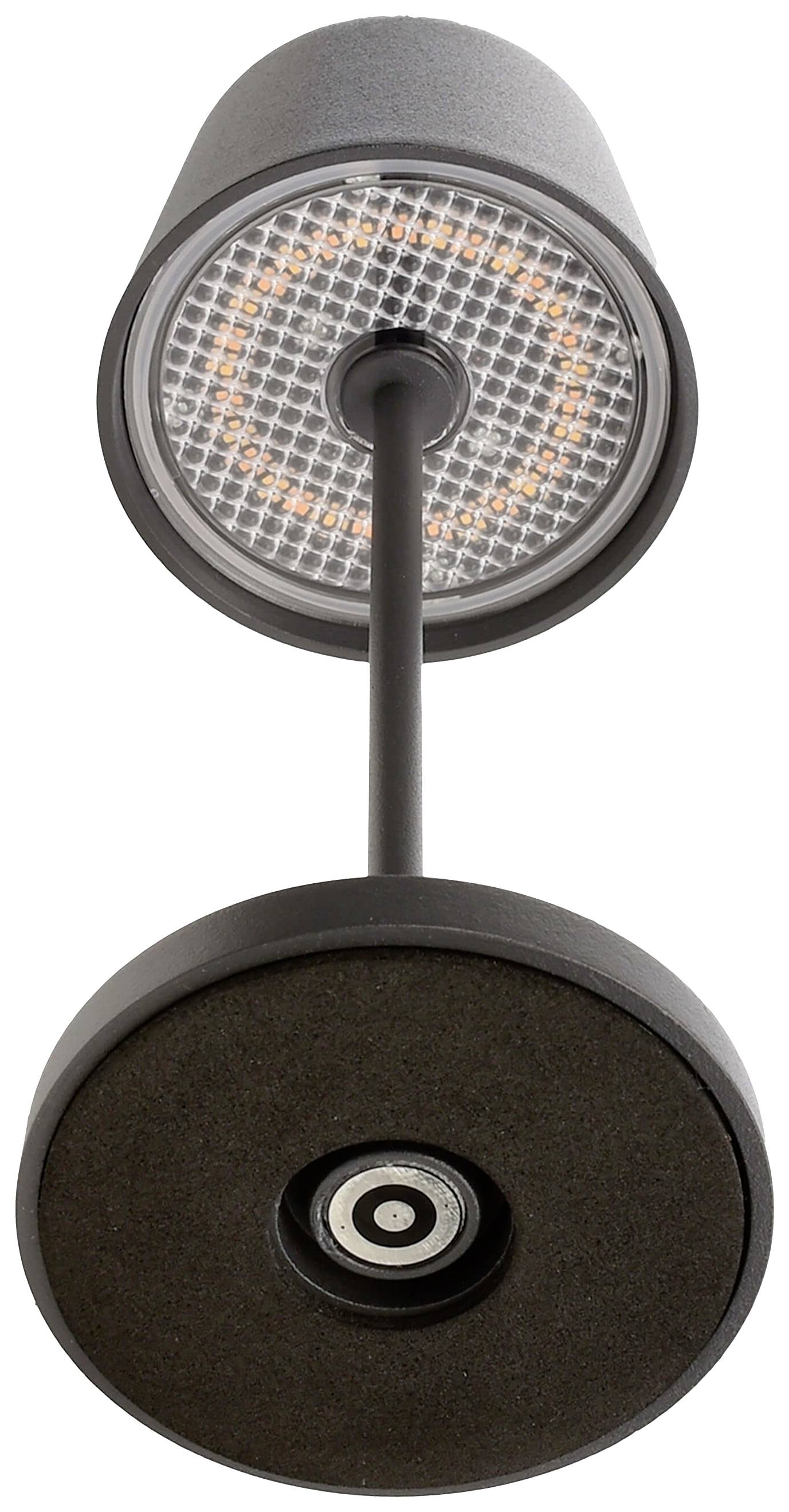 Modern fekete fali lámpa hengeres dizájnnal, látható LED-elemekkel a lámpafejben és kerek fali tartóval.