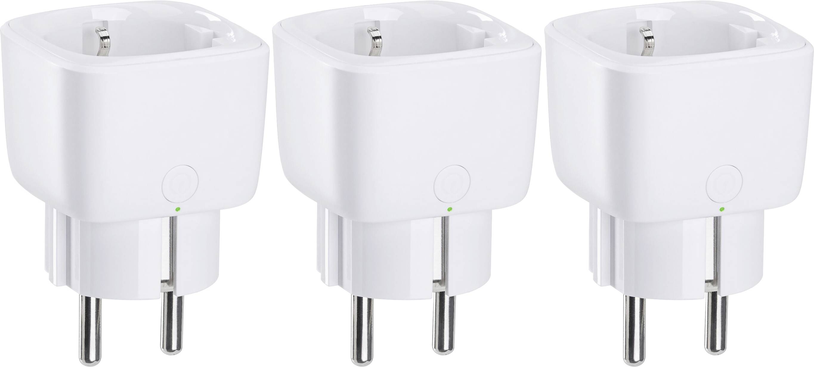 Három fehér, négyzet alakú dugaszadapter egymás mellett, mindegyiken egy-egy kis zöld LED-jelzőfény az alsó részén.