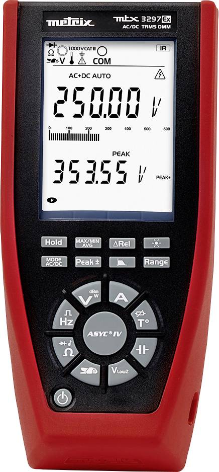 Egy piros házú digitális multiméter kijelzőjén '250,00 V' látható. Alkalmas váltó- és egyenáram mérésére.
