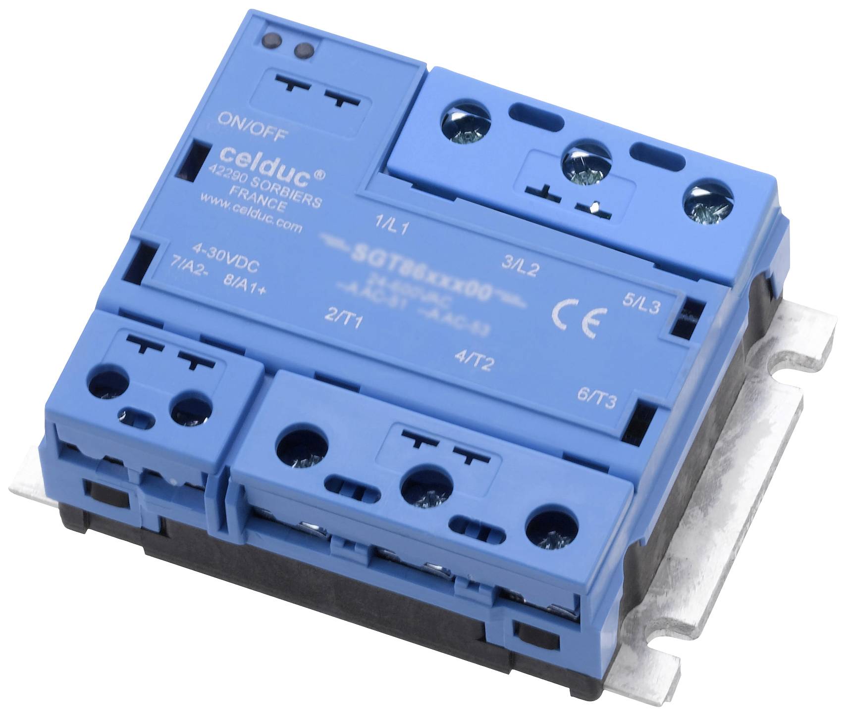 Kék Celduc félvezető relé, több csatlakozókapoccsal és műszaki specifikációkkal a felületén.