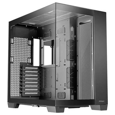 Fekete, üres PC-ház átlátszó oldalpanellel, alkalmas ATX alaplap és több ventilátor befogadására, az Antec márka terméke.