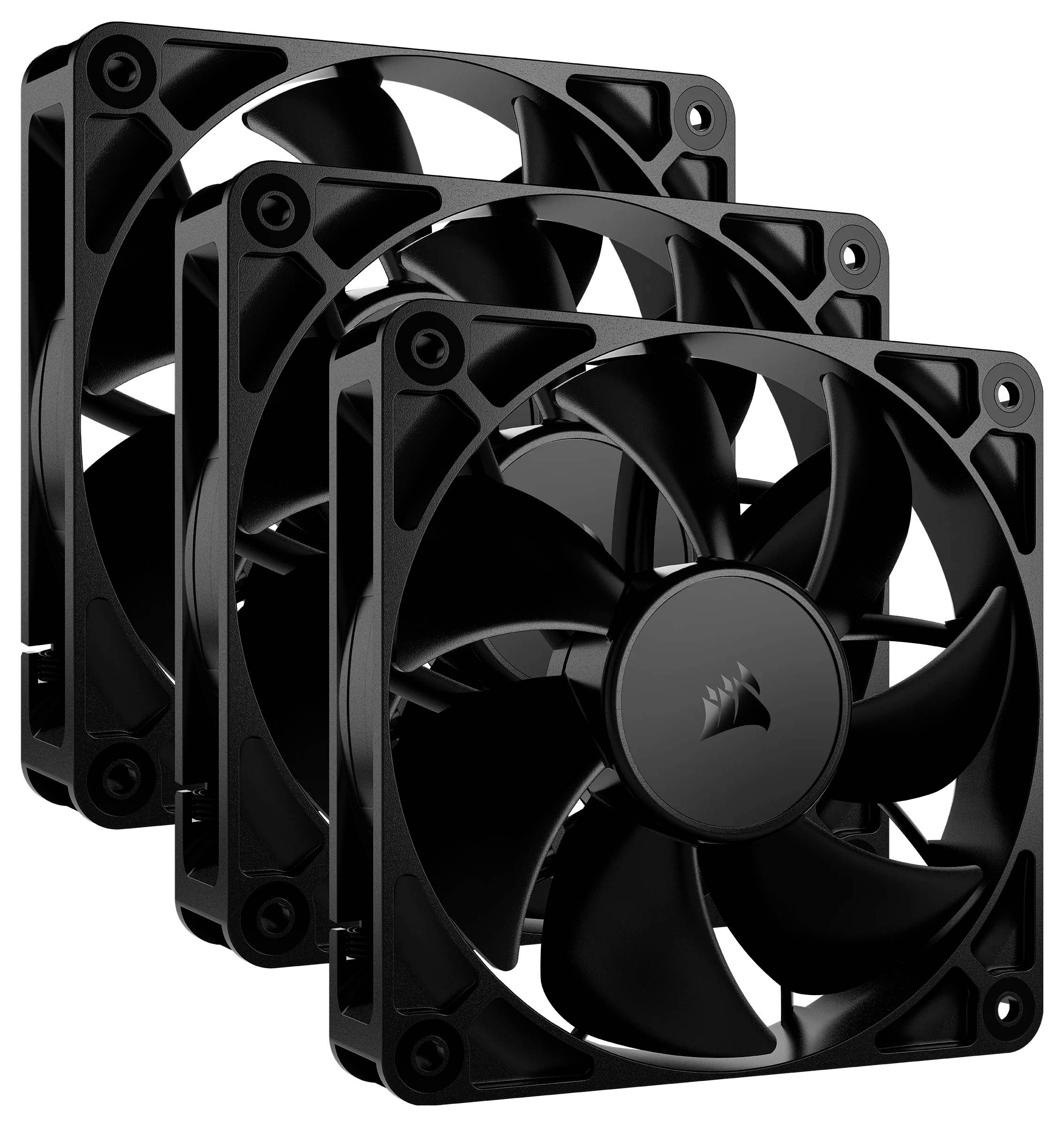 Három fekete számítógép-ventilátor egymásra helyezve, alkalmas számítógépházak hűtőrendszereihez.