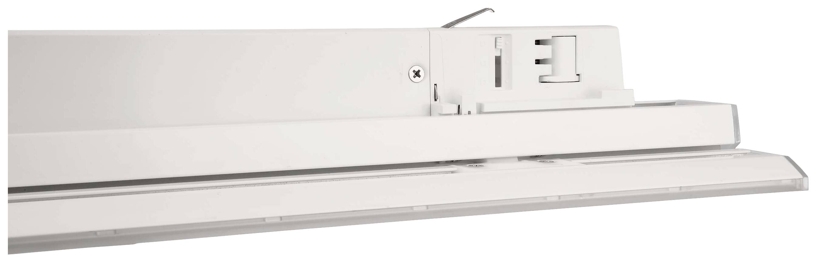 Egy fehér, téglalap alakú elektromos eszköz emelőkarokkal és kapcsolókkal oldalnézetben mutatja elemeit, kiemelve a funkcionális részleteket.