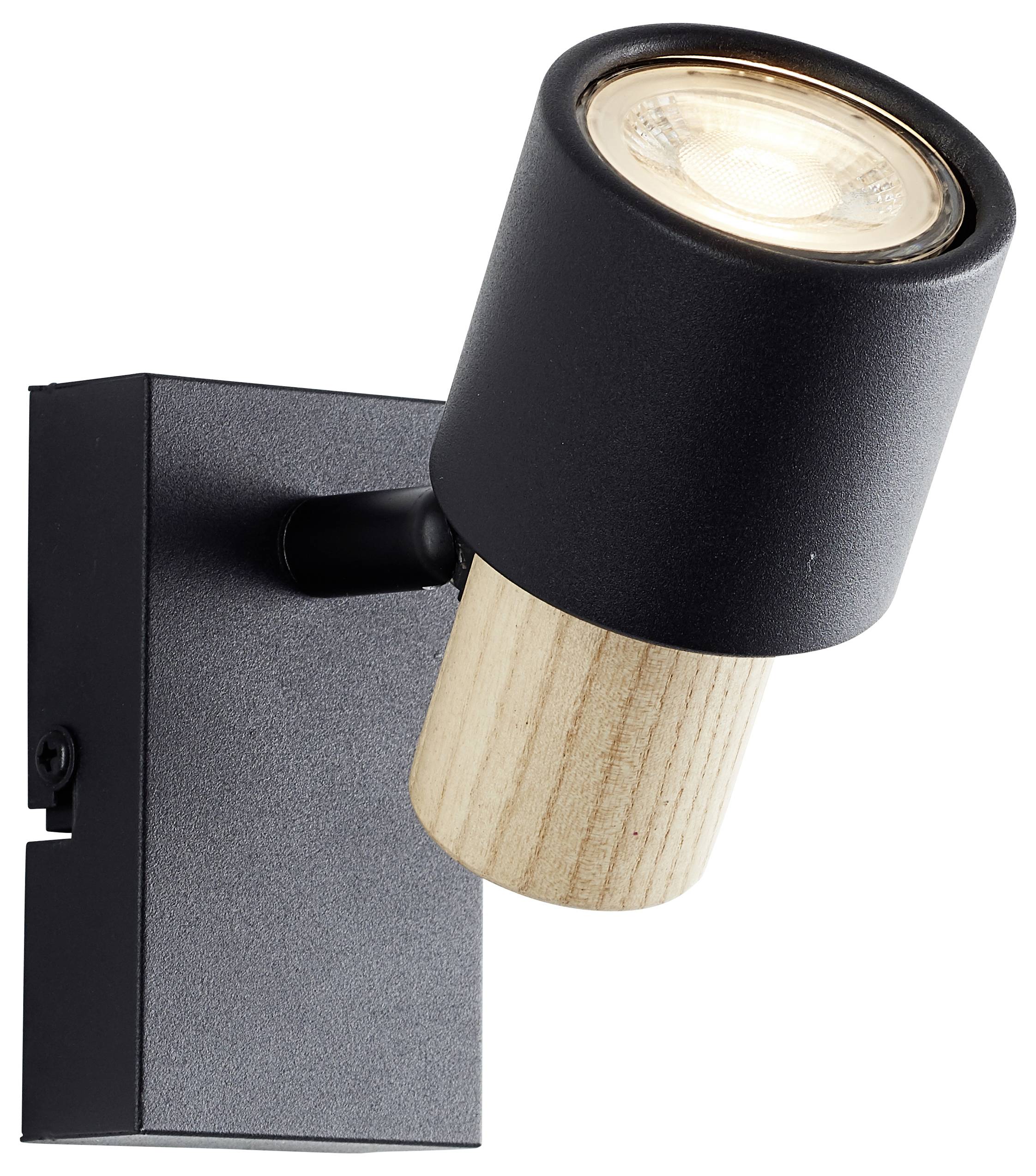 Egy modern fali lámpa fekete fémházzal és fa elemmel. A spotlámpa állítható és lefelé világít.