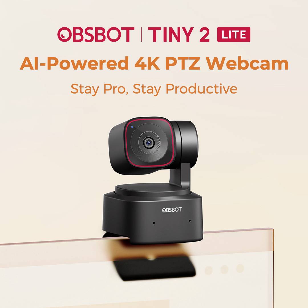 'OBSBOT Tiny 2 Lite', egy AI vezérelt 4K PTZ webkamera, egy képernyő tetején elhelyezve. Szöveg: 'Maradj profi, maradj produktív'.