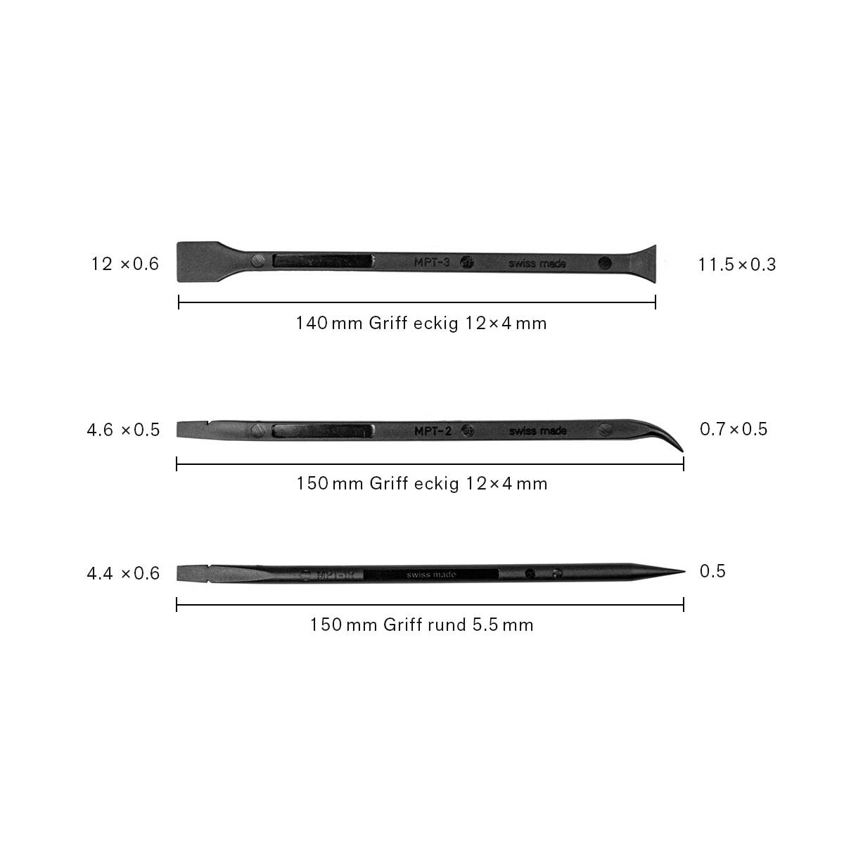 'Három különböző órás szerszám méretekkel: 140 mm-es lemezvágó, 150 mm-es véső, 150 mm-es kerek hajlított véső. Mindegyik fekete anyagból.'