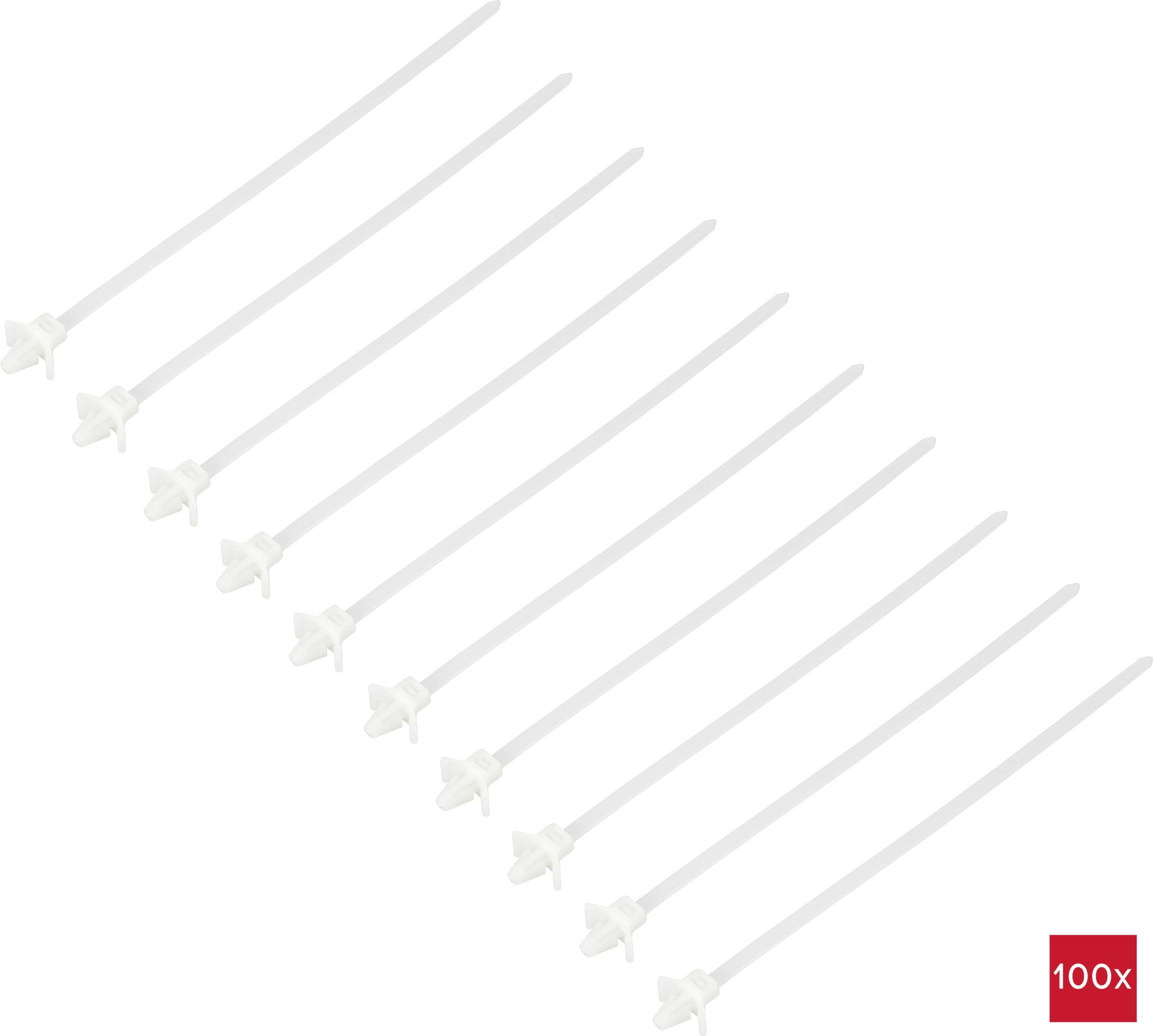 Tíz fehér kábelkötegelő átlós elrendezésben fehér háttér előtt. Lent jobbra egy piros doboz a '100x' felirattal.