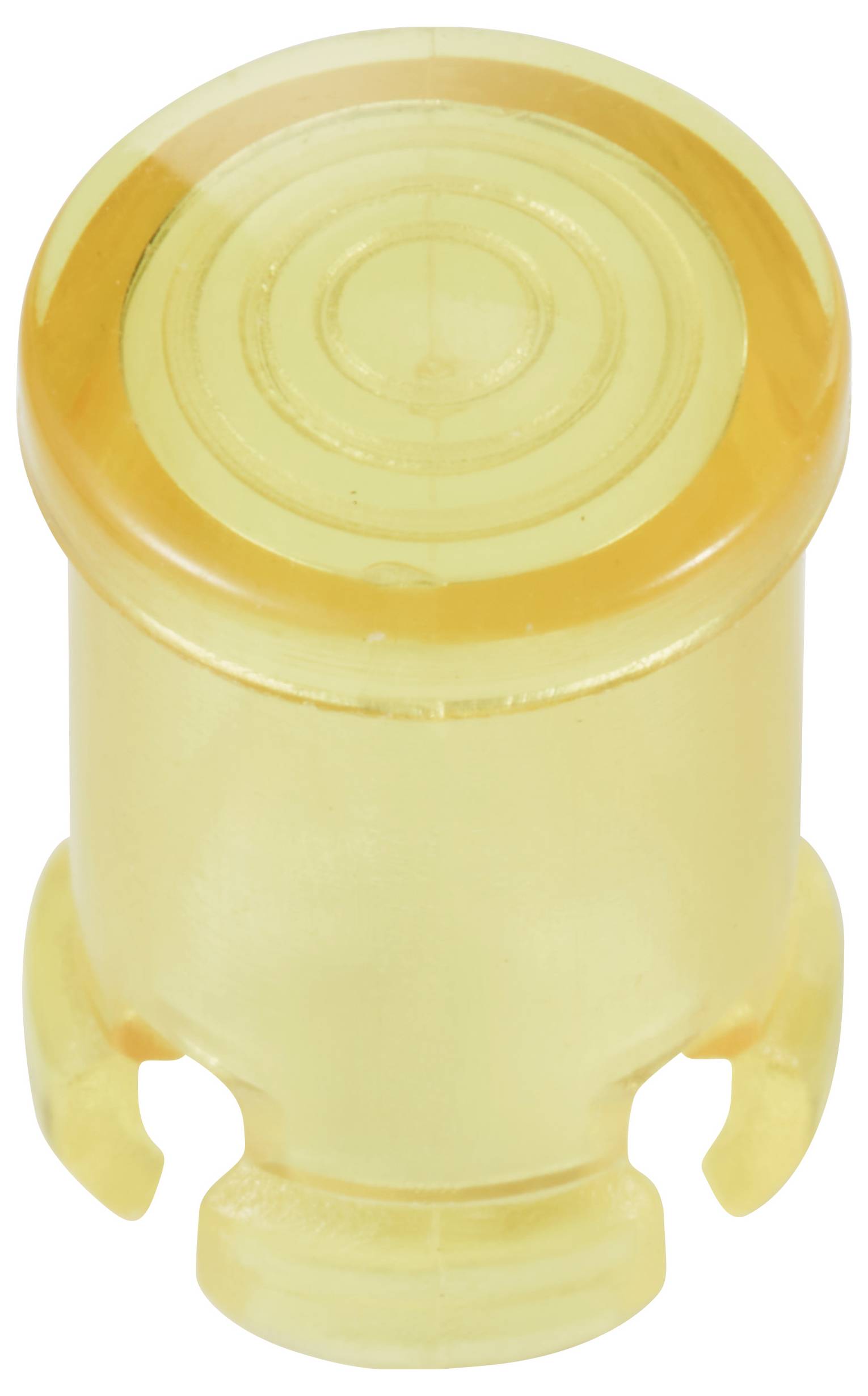 Egy átlátszó, kerek, sárga műanyag kupak, amelynek tetején bordázott minta található, és védelem vagy lezárás céljából használják.