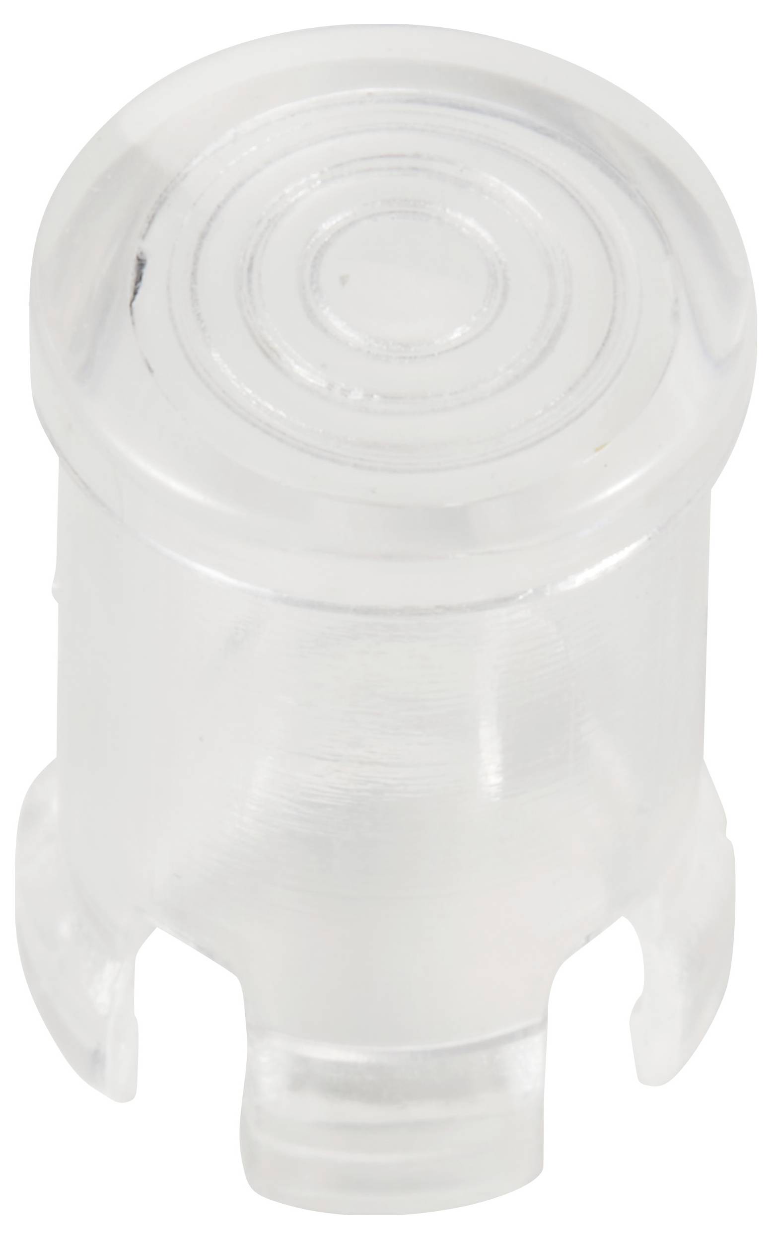 Egy átlátszó, hengeres műanyag fedél körkörös hornyokkal a felső felületén, védőburkolatként való használatra alkalmas.