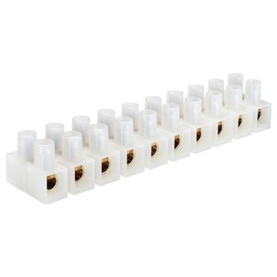 Fehér sorkapcsok sora elektromos csatlakoztatáshoz. Minden egyes kapocs rendelkezik egy fém nyílással a huzalok csatlakoztatásához.