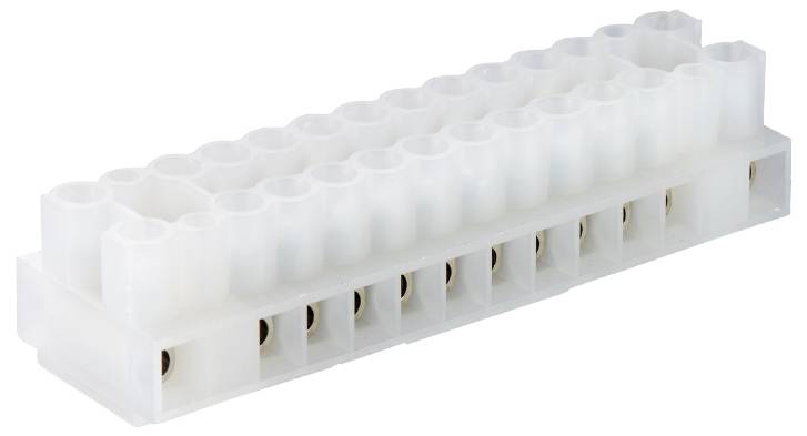 Fehér elosztókapocs több csatlakozási ponttal, elektromos bekötésekhez alkalmas.