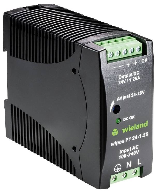 Wieland fekete hálózati tápegység modul zöld csatlakozókkal. Feliratozva: 'Kimenet DC 24V/1.25A' és 'Bemenet AC 100-240V'.