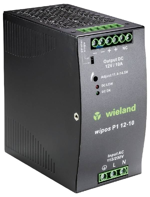 Fekete Wieland hálózati tápegység zöld csatlakozókkal és 'wipos P1 12-10' felirattal. Egyenáramú kimenet: 12V / 10A.