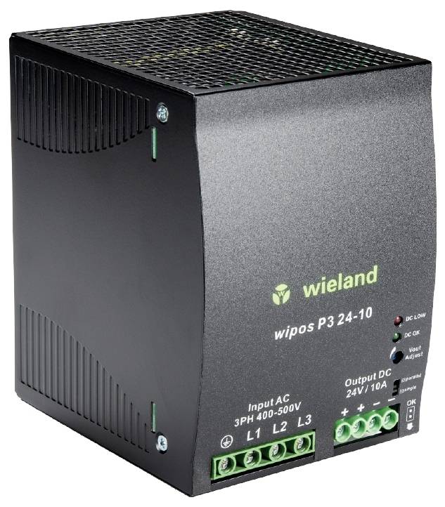 Egy fekete Wieland márkájú tápegység, 'wipos P3 24-10' modell, AC 400-500V bemeneti és DC 24V/10A kimeneti feszültséggel, állapotjelző LED-ekkel.