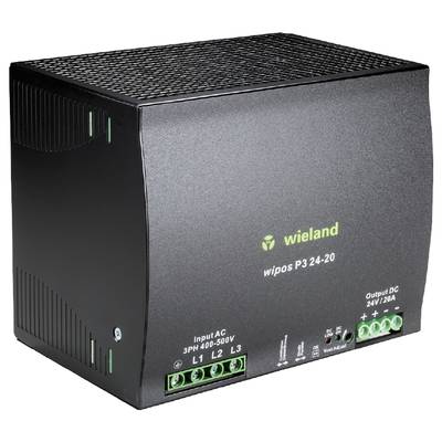 Fekete elektronikus eszköz zöld csatlakozókkal, 'wieland wipos P3 24-20' jelöléssel. Bemenet: 3PH 400-500V, Kimenet: 24V/20A.